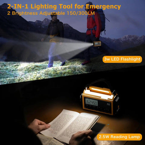 Hiker using Emergency Radio With NOAA Alerts 12000mAh Portable Solar Crank Battery Powered AM FM Shortwave USB C Charger Built In SOS Flashlight Weather Radio For Hurricanes Power Outages Camping And Prepper Ready Survival Gear at night