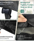 Close-up of Heavy Duty Round Patio Furniture Cover 62 Inch Diameter 28 Inch Height Waterproof UV Resistant showing buckles, drawstring, and vents.