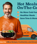 Man holding Electric Heated Lunch Box For Adults 100W Portable Food Warmer 1.5L Stainless Steel with steaming meal, orange van background.