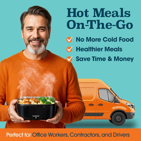 Man holding Electric Heated Lunch Box For Adults 100W Portable Food Warmer 1.5L Stainless Steel with steaming meal, orange van background.