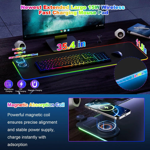 Wireless Charging Gaming Mouse Pad 15W With RGB Lighting, Built In Phone Holder, Waterproof Desk Mat, Extra Large 35.4 By 11.8 Inches