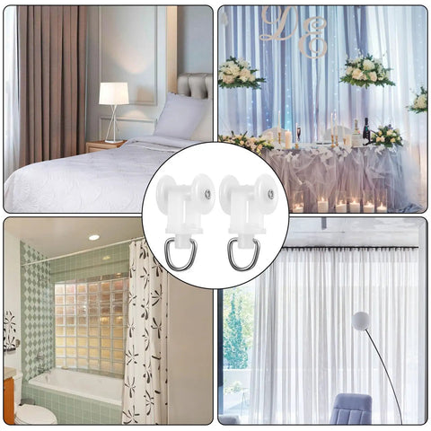 100 Piece Curtain Track Gliders And Hooks Set For Ceiling And Window Tracks Easy Install DIY Friendly Durable Plastic And Steel Rollers Mute Wheel Ball Pulleys For Shower Curtains And Replacement Hardware, white curtain track gliders and hooks in bedroom and bathroom