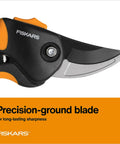 Close-up of Fiskars pruning shear showing a sharp steel blade, part of the Bypass Pruning Shears For Fast Clean Cuts, Five Eighth Inch Cut Capacity