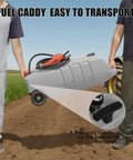 Men carrying 14 Gallon Portable Diesel Fuel Tank On Wheels With Siphon Pump And 10 Ft Hose, Rugged UV Resistant Plastic Caddy For Cars, Lawn Mowers, ATVs And Boats, Easy Pour, Safe Storage