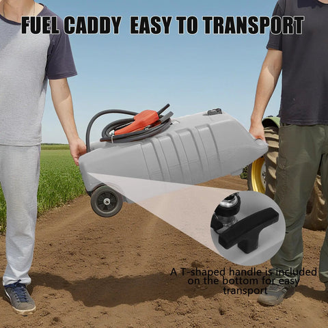 Men carrying 14 Gallon Portable Diesel Fuel Tank On Wheels With Siphon Pump And 10 Ft Hose, Rugged UV Resistant Plastic Caddy For Cars, Lawn Mowers, ATVs And Boats, Easy Pour, Safe Storage