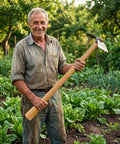 Person holding Two Pack 35 Inch Wooden Axe Handle Replacement With Oval Eye Long Curved Replaceable Handle in garden