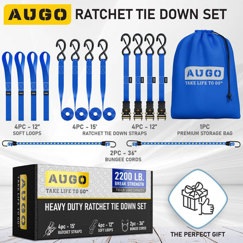 Beefed Up Heavy Duty Ratchet Straps 4 Pack 15 Ft Each 2200 Lb Break Strength With Safety Lock S Hooks Cargo Tie Downs set with bag