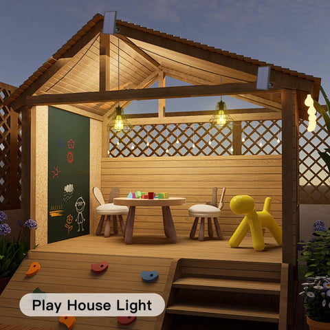 Solar Pendant Lights With Pull Cord And Remote For Outdoor Indoor Use in a wooden playhouse with chairs and table at dusk