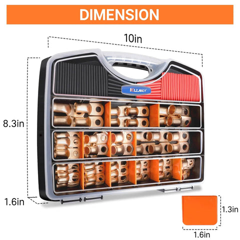 Heavy Duty Copper Battery Cable Lugs Kit With 120 Pcs Ends For AWG 1/0 To 2/0 And 1, 2, 4, 6, 8 Gauge storage case dimensions
