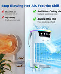 Comparison of a fan blowing hot air and a Four In One Portable Evaporative Air Cooler With Ice Water Cooling Mist creating cold mist.