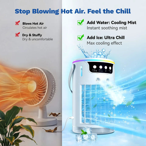 Comparison of a fan blowing hot air and a Four In One Portable Evaporative Air Cooler With Ice Water Cooling Mist creating cold mist.