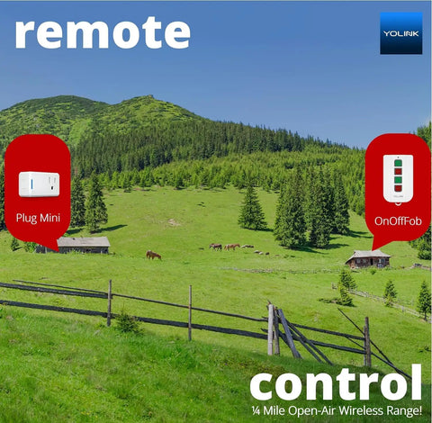 Scenic landscape with Outdoor Smart Plug With Ultra Long Range One Quarter Mile displayed next to a remote control icon.