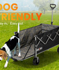 Tailgate Design Heavy Duty Collapsible Wagon With All Terrain Wheels For Outdoor Camping Beach And Garden A 300 Lb Capacity Utility Cart For Sports Groceries Tents And Bulk Gear, shown with a dog entering, on grass, folding handle.