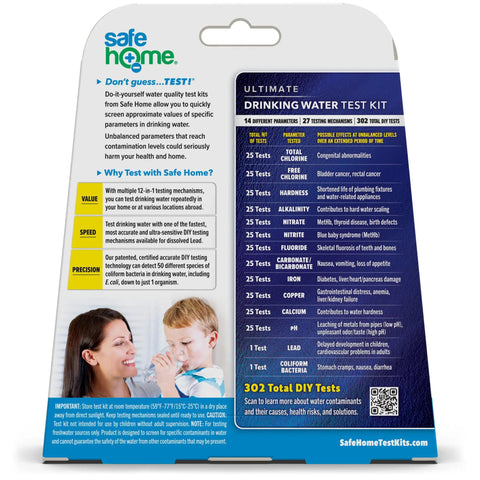 Straight Up Pro 14 In 1 Drinking Water Test Kit For Quick Lead And Bacteria Checks In City Tap Or Well Water Plus PH Hardness And Nitrates Testing Kit, back of packaging with test details.