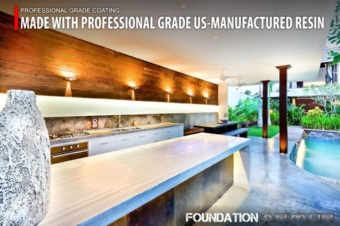 Professional Grade Low Gloss Wet Look Concrete And Paver Sealant 5 Gallon Solvent Based acrylic coating on stylish outdoor kitchen.