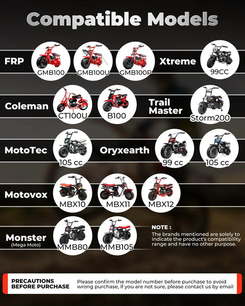 Image showing compatible mini bike models for Mini Bike Front Fork Suspension Kit With Beefed Up Hydraulic Shocks.