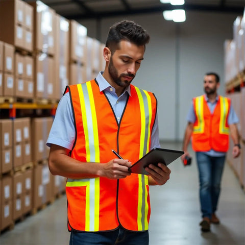 Man wearing High Visibility Reflective Jobsite Ready Safety Vest With Multi Function Pockets Zipper And Velcro Closure in warehouse