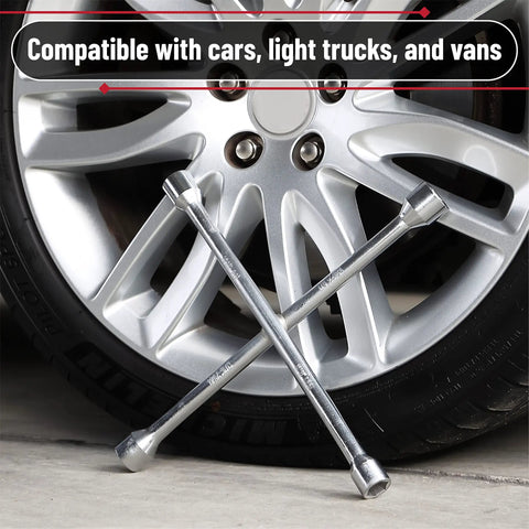 14 Inch Cross Lug Wrench With 4 Way Sockets against car wheel, Heavy Duty Carbon Steel Tool For Easy Tire Changes visible