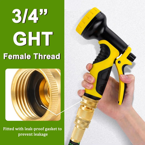 Person holding a yellow and black garden hose nozzle attached to a brass 3/4 inch GHT female thread connector with gasket.