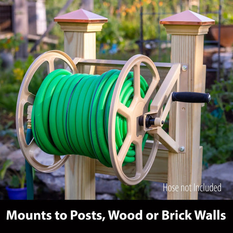 Heavy Duty Steel Hose Reel For Wall Or Floor Mount, Beefed Up To Hold 200 Feet Of Five Eighth Inch Hose, mounted on wood post