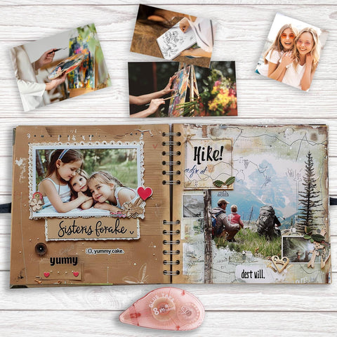 Creative scrapbook layout using Double Sided Scrapbooking Tape Runner 4 Pack, 26 Feet By 0.31 Inch, with photos and decorations.