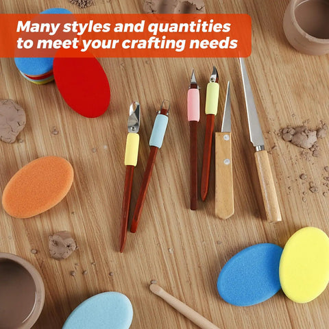 4 Piece Pottery Carving Tool Set With 5.9 Inch Wooden Handles Pro Grade Scrapers For Clay Sculpting on wooden table with sponges
