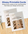 Avery printable postcards, glossy white, two real estate cards with Hill and Knox Real Estate logo on a desk