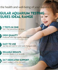 Child interacting with fishbowl highlighting Pro 7 Way Aquarium Test Strip Kit Includes 125 Green Strips for easy water testing.