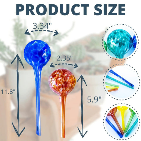 Glass Plant Watering Globes Set 2 Large 3 Small Self Watering Bulbs Spikes Easy Planter Insertion Indoor Outdoor Use Includes Free Soil Moisture Meter pH Meter Healthy No Fuss Plant Care, size chart with blue and amber glass globes