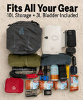 Mountain Bike Hydration Pack With 3L Bladder And 10L Storage For Trail Rides, lumbar support, charcoal pack with gear layout