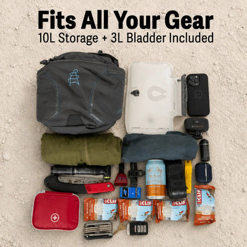 Mountain Bike Hydration Pack With 3L Bladder And 10L Storage For Trail Rides, lumbar support, charcoal pack with gear layout