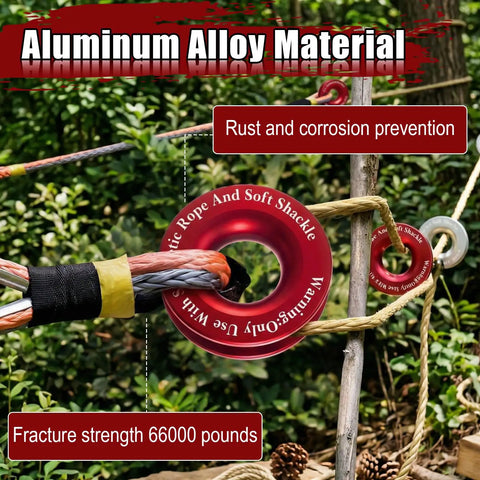 Two Pack Recovery Ring Snatch Block 66,000 Lbs Winch Pulley For Soft Shackle Synthetic Rope Heavy Duty Winch Accessory For ATV UTV SUV Truck Road Vehicle Red Multi Angle Traction Boost red aluminum alloy ring on recovery rope, 66,000 lb