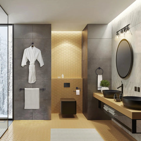 Modern bathroom with Oil Rubbed Bronze All In One Bathroom Set With 3 Light Vanity Fixture And Coordinating Towel Bar Towel Ring Robe Hook And Toilet Paper Holder For A Simple Quick And Easy Bathroom Upgrade