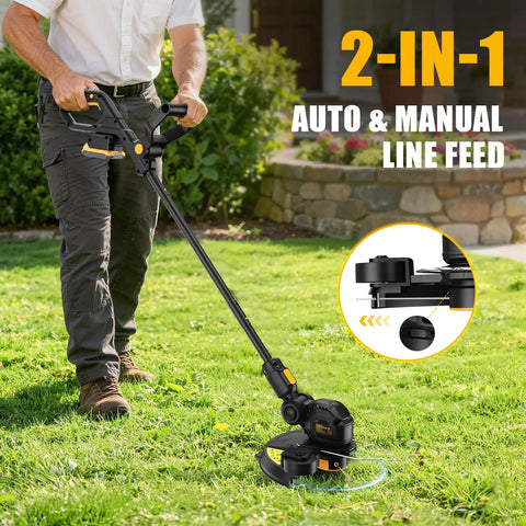 Person using a 2-in-1 cordless string trimmer with auto and manual line feed on a lawn