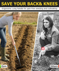 Person using Heavy Duty Garden Weed Hoe With Stainless Steel Long Handle, Stand Up Scraping Weeder Tool in a field.