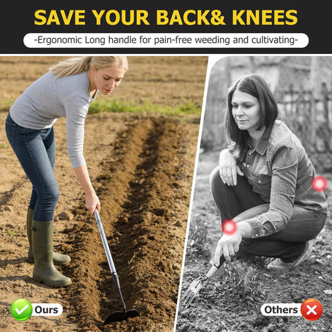 Person using Heavy Duty Garden Weed Hoe With Stainless Steel Long Handle, Stand Up Scraping Weeder Tool in a field.