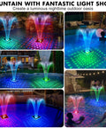Upgraded Solar Fountain With Killer Light Show For Pools in action, showing brilliant colors and square design in various pool settings.