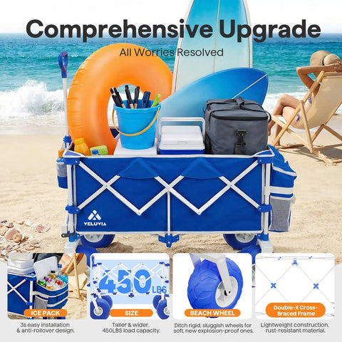 All Terrain Beach Wagon With Big 9 Inch Balloon Wheels For Sand And Grass 400 Lb Heavy Duty Collapsible Cart in use on beach