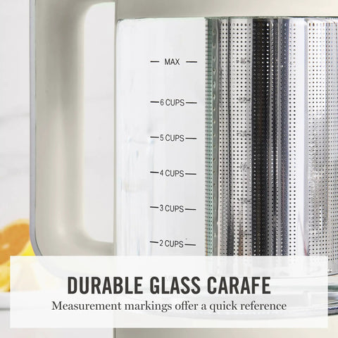 Close-up of Electric Kettle With Removable Stainless Steel Tea Infuser And Glass Carafe 1.7L with measurement markings.