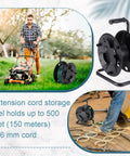 Heavy Duty Extension Cord Reel With Metal Stand Holds 500 Feet Of 6mm Cable Or Hose Open Roller Design Easy Grip Handles for outdoor use