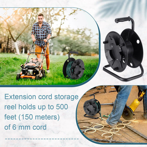 Heavy Duty Extension Cord Reel With Metal Stand Holds 500 Feet Of 6mm Cable Or Hose Open Roller Design Easy Grip Handles for outdoor use