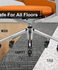 Five Pack Heavy Duty Office Chair Caster Wheels With Brakes, 2 Inch Swivel Rollers For Hardwood And Carpet Floors, Dead Silent Polyurethane Glides That Glide Smooth, Protect Your Rig And Ease The Ride, shown on wood and carpet.
