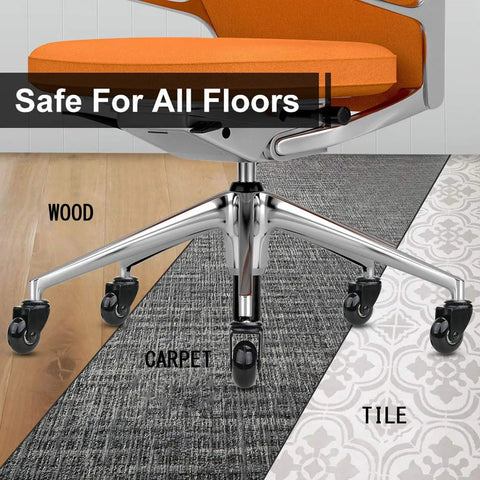 Five Pack Heavy Duty Office Chair Caster Wheels With Brakes, 2 Inch Swivel Rollers For Hardwood And Carpet Floors, Dead Silent Polyurethane Glides That Glide Smooth, Protect Your Rig And Ease The Ride, shown on wood and carpet.