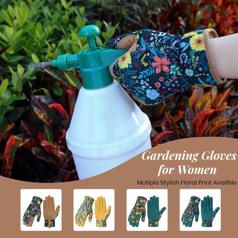 Women's Gardening Gloves With Thorn Proof Puncture Resistant Leather, Breathable Microfiber Back, floral print, holding sprayer