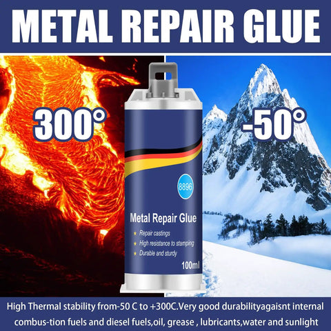 Metal Repair Glue tube showing temperature resistance from -50C to 300C, labeled for casting and welding filler, 100ml.