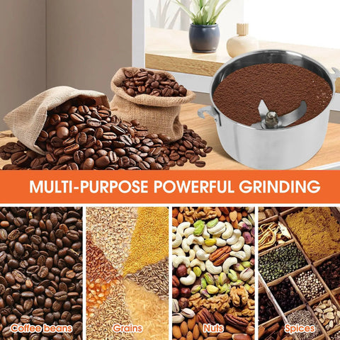 Beast 2000W Commercial Grain Grinder With 750g Capacity Industrial Stainless Steel Build 28,000 RPM shown with coffee and spices.