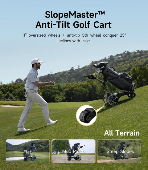 Smart Follow Me Electric Golf Cart With Wireless Remote And Rugged All Terrain Wheels Powered By A Beefy Thirty Six Hole Battery on a golf course walking uphill.