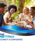 Group of friends enjoying a meal together outdoors with True Metrix advertisement overlayed.