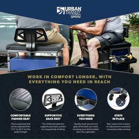 Two people using the Beast Heavy Duty Shop Stool With Backrest, 500 Lb Capacity Rolling Garage Stool With Tool Storage in workshop.