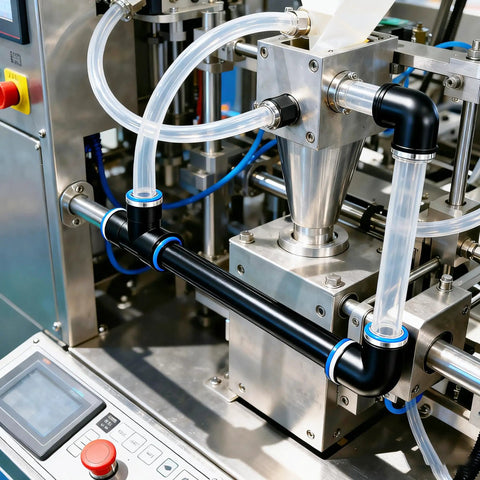 Pro Grade 175 Piece Push To Connect Air Hose Fittings Kit With NPT Threads in 1/8 1/4 3/8 and 1/2 inch sizes installed on machinery